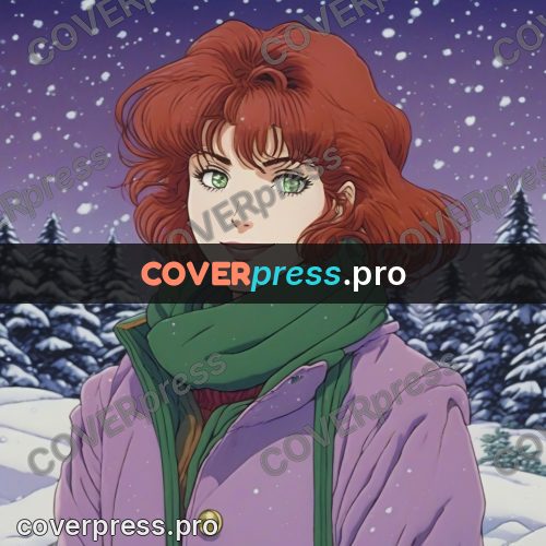 Old anime drawing: red-haired girl in a lilac jacket