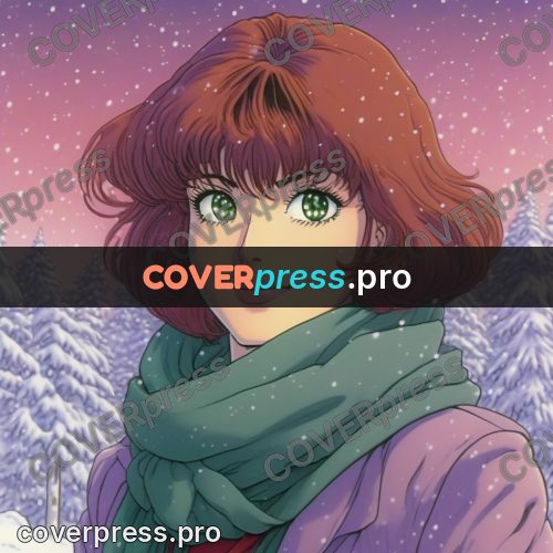 Old anime drawing: red-haired girl in a lilac jacket