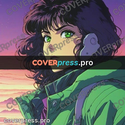 Old anime drawing: girl in a green jacket