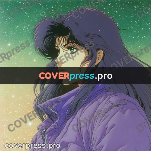 Old anime drawing: girl in a jacket among stars