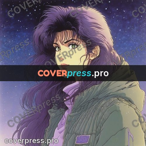 Old anime drawing: girl in a jacket among stars