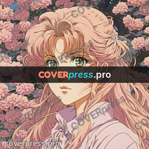 Old anime drawing: girl among cherry blossom