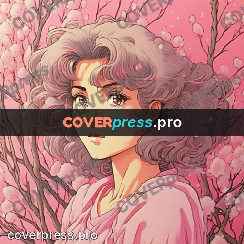 Old anime drawing: girl in pink among flowers