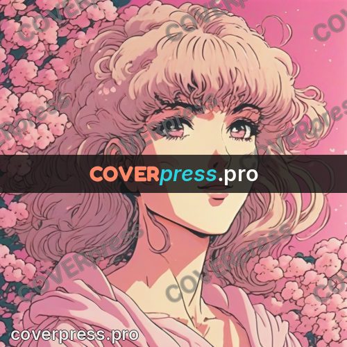 Old anime drawing: girl in pink among flowers