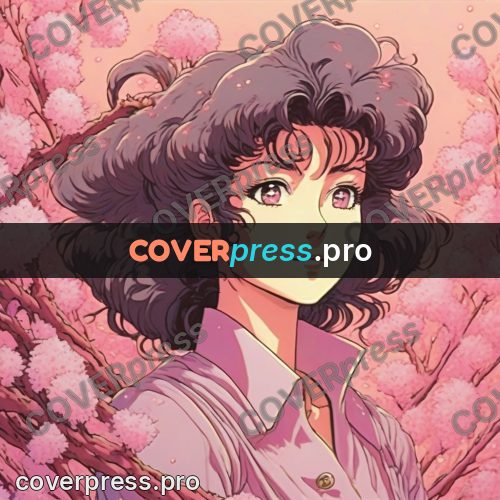 Old anime drawing: girl in pink among flowers
