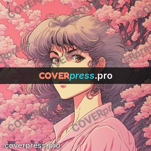 Old anime drawing: girl in pink among flowers