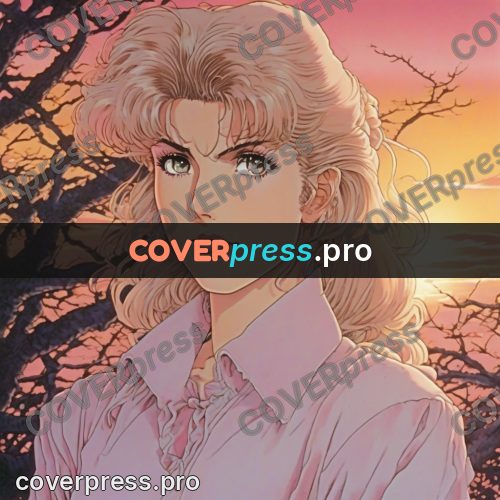 Old anime drawing: girl by branches at sunset