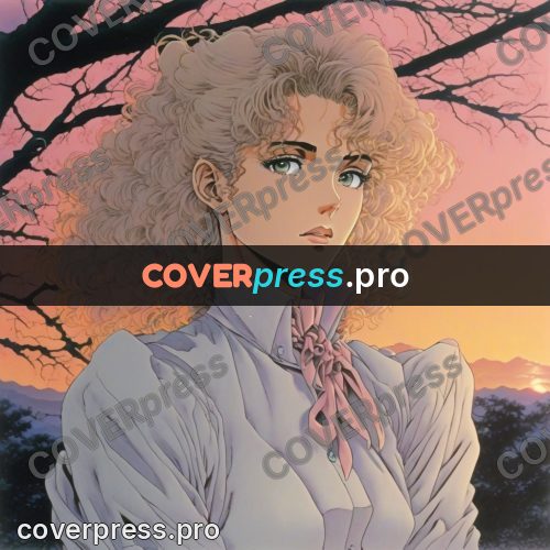Old anime drawing: girl by branches at sunset