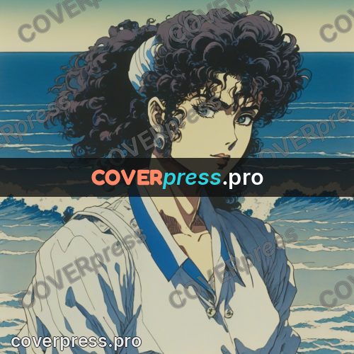 Old anime drawing: curly-haired girl by the sea