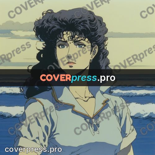 Old anime drawing: curly-haired girl by the sea