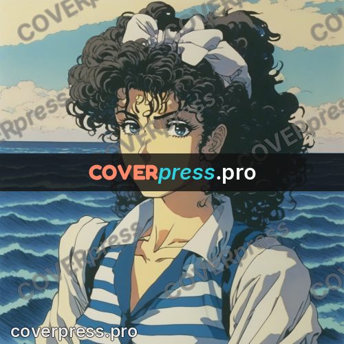 Old anime drawing: curly-haired girl by the sea