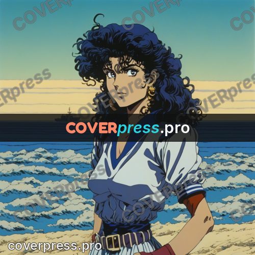 Old anime drawing: curly-haired girl by the sea