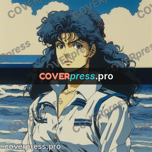 Old anime drawing: curly-haired girl by the sea