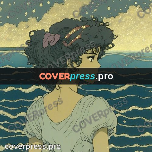 Old anime drawing: girl in profile by the sea