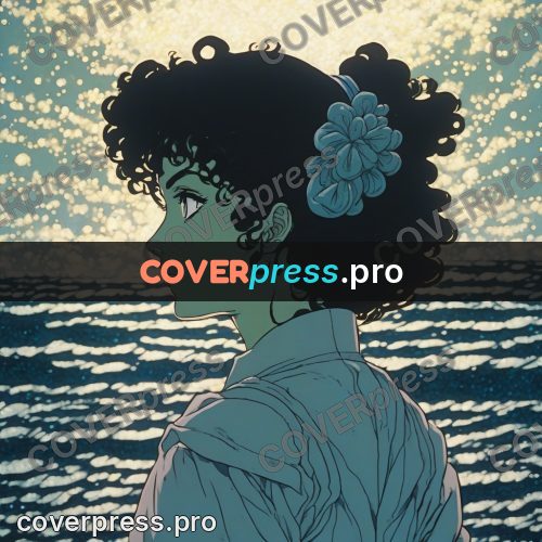 Old anime drawing: girl in profile by the sea