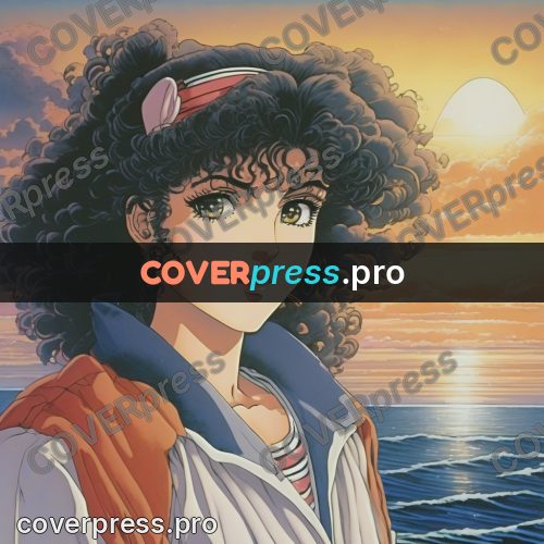 Old anime drawing: curly-haired girl at sunset