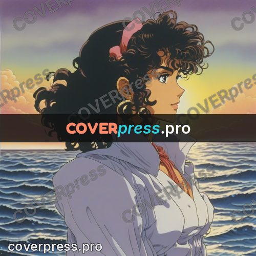 Old anime drawing: curly-haired girl at sunset
