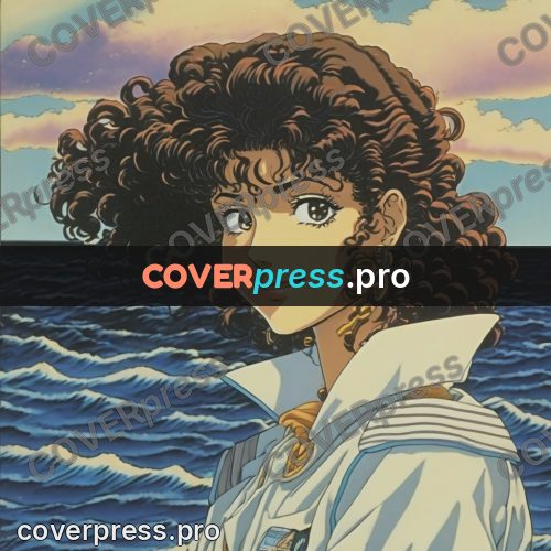 Old anime drawing: curly-haired girl at sunset