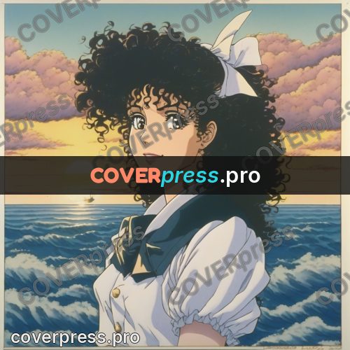 Old anime drawing: curly-haired girl at sunset