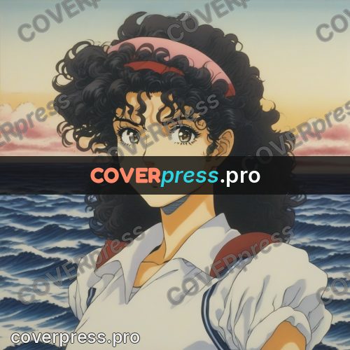 Old anime drawing: curly-haired girl at sunset