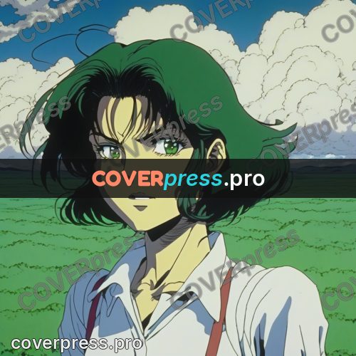 Old anime drawing: green-haired girl in a shirt