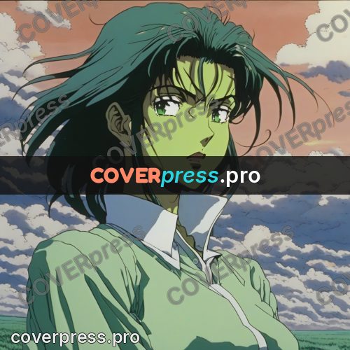 Old anime drawing: green-haired girl in a shirt
