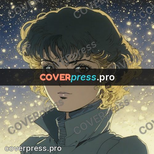 Old anime drawing: curly-haired girl among stars