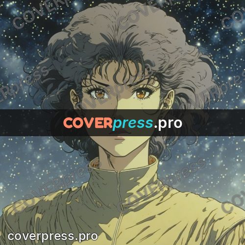Old anime drawing: curly-haired girl among stars