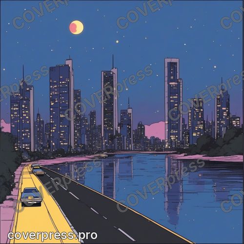 Рисунок в стиле аниме 80-х: мотоцикл, машина и шоссе