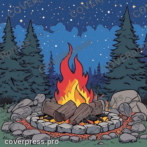 Рисунок в стиле аниме 80-х: воин, костёр и волк