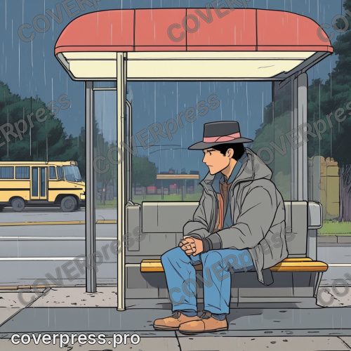 Рисунок в стиле аниме 80-х: парень с зонтом на остановке