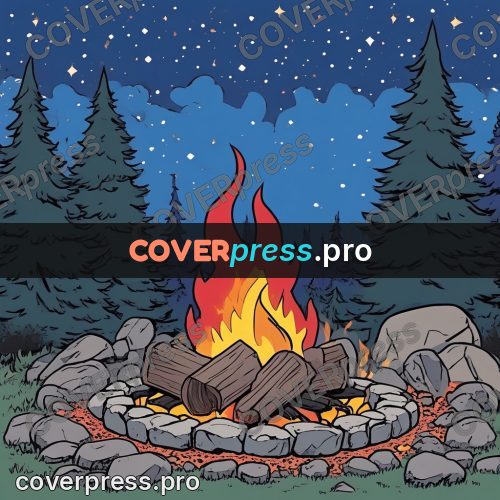 80s anime drawing: campfire among firs at night