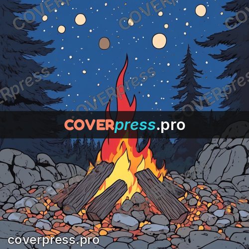 80s anime drawing: campfire among firs at night