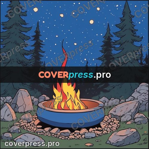 80s anime drawing: campfire among firs at night