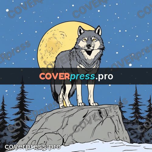 80s anime drawing: wolf on a moonlit rock