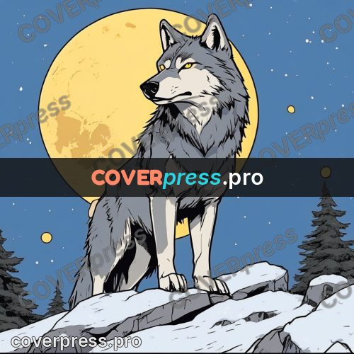 80s anime drawing: wolf on a moonlit rock