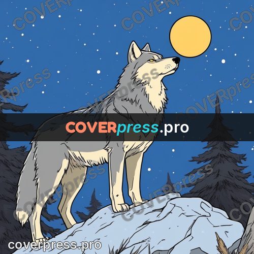80s anime drawing: wolf on a moonlit rock