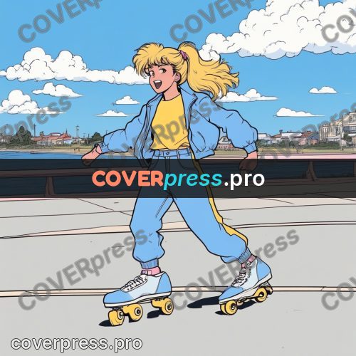 80s anime drawing: girl on roller skates