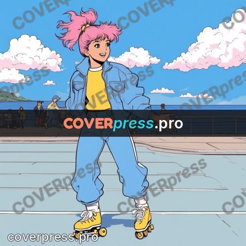 80s anime drawing: girl on roller skates