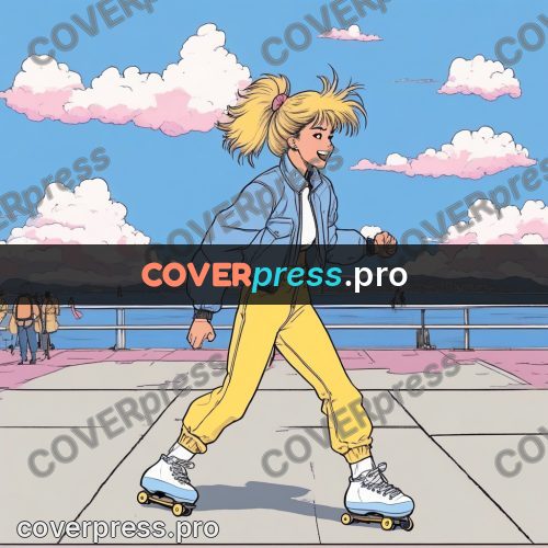 80s anime drawing: girl on roller skates