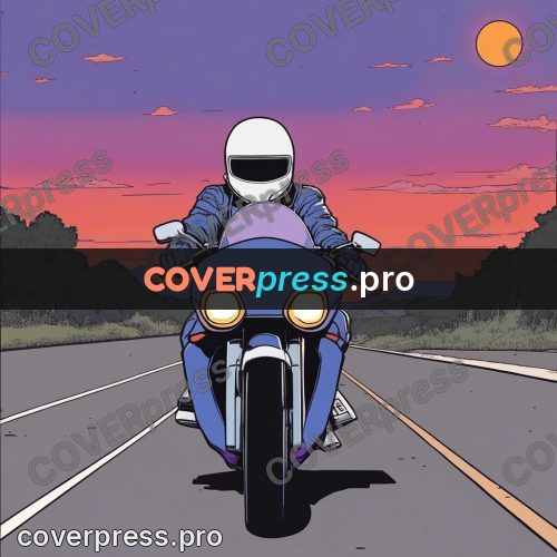 80s anime drawing: motorcyclist on a road at sunset