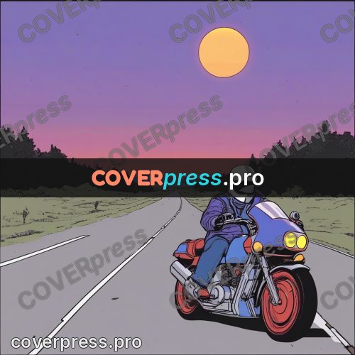 80s anime drawing: motorcyclist on a road at sunset
