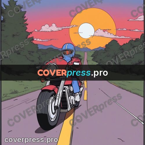 80s anime drawing: motorcyclist on a road at sunset