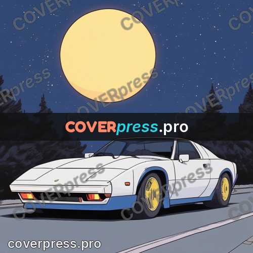 80s anime drawing: white sports car under the moon