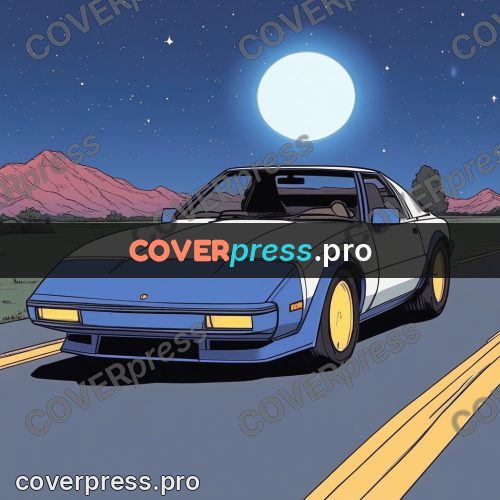 80s anime drawing: white sports car under the moon
