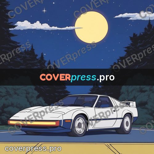80s anime drawing: white sports car under the moon