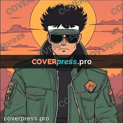 80s anime drawing: man in sunglasses at sunset