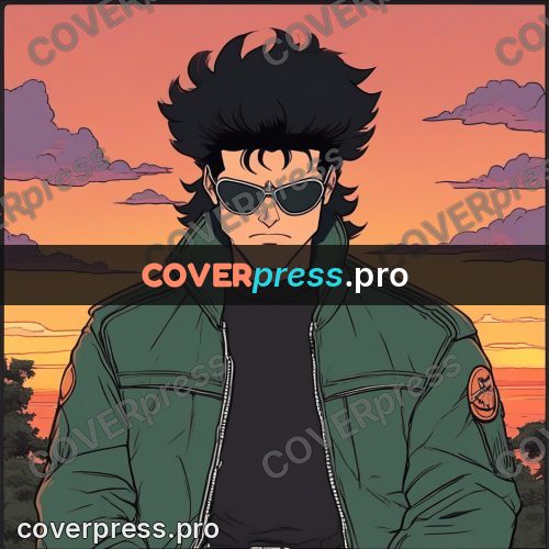 80s anime drawing: man in sunglasses at sunset