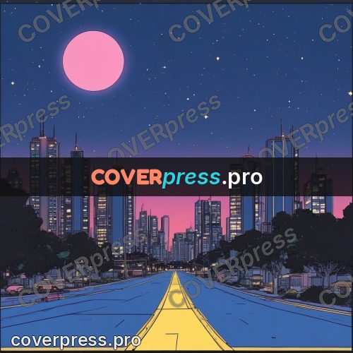 80s anime drawing: night city with a pink moon