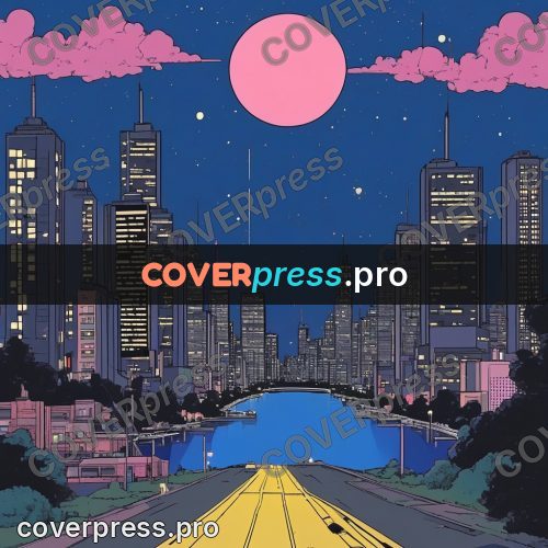 80s anime drawing: night city with a pink moon